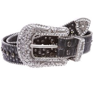 5614 Western Cowgirl Faux Alligator Rhinestone Studded Leather Belt, Black